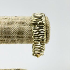 Vintage Link Bracelet Gold Tone Openwork Textured Panels Retro Statement Jewelry